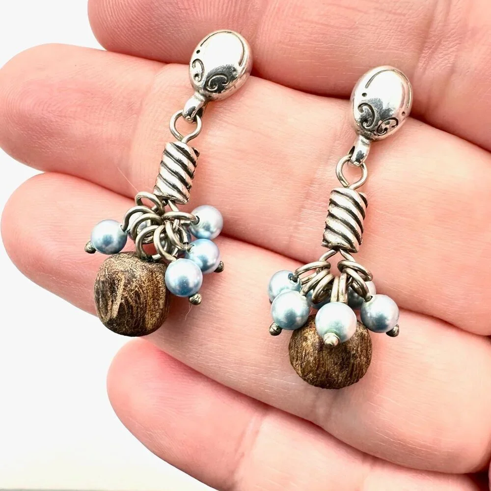 Brighton Womens Earrings Crystal Pearl Wood Chandelier Silver Pierced Earrings - Picture 5 of 6